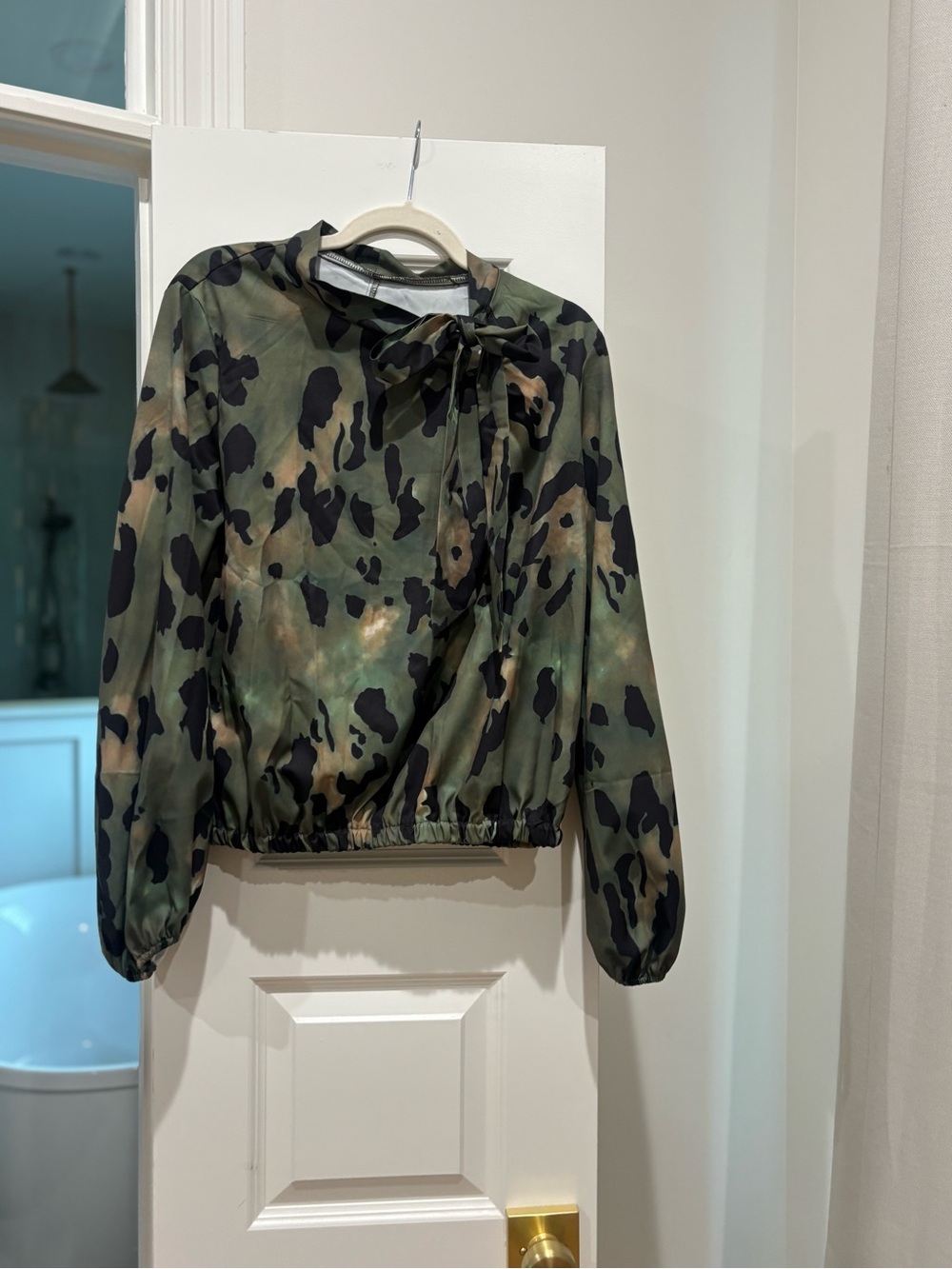 Green Camo Tie-Neck Blouse